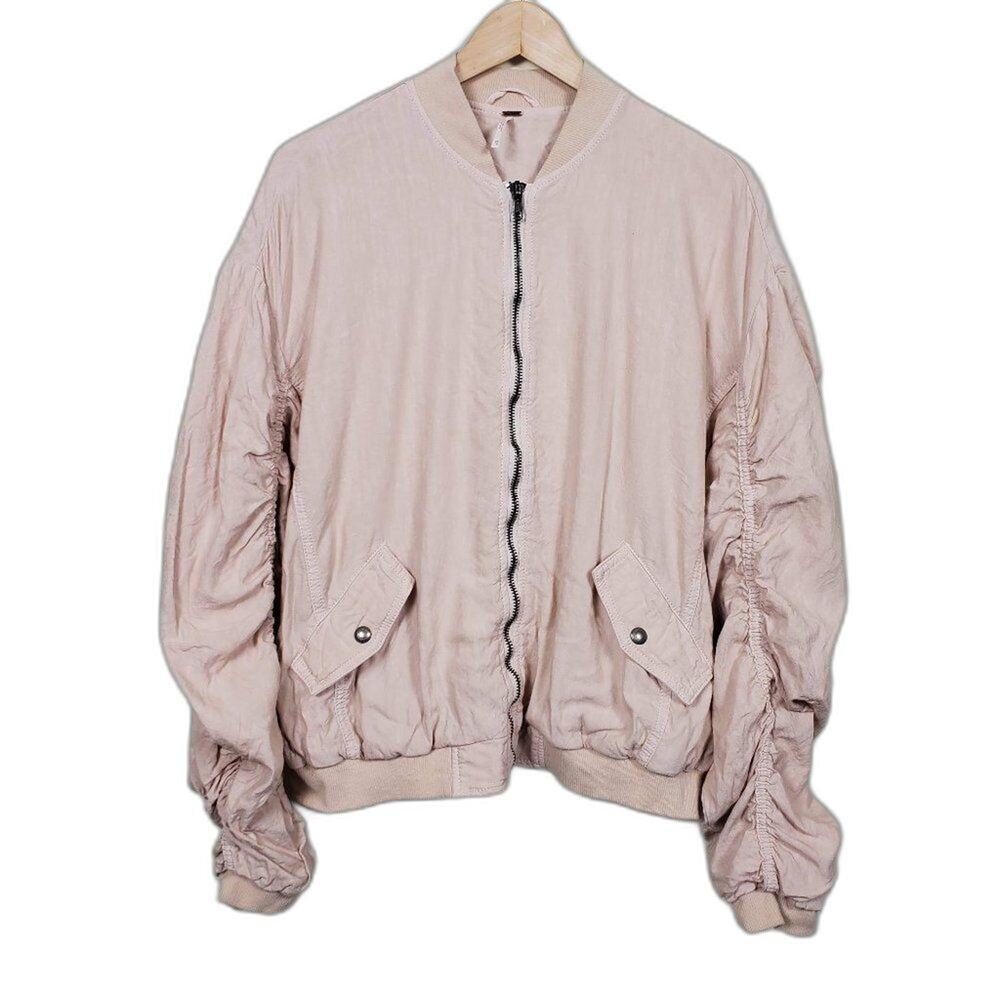 Free People Linen Blend Ruched Jacket Womens Size XS Blush Pink Long Sleeve